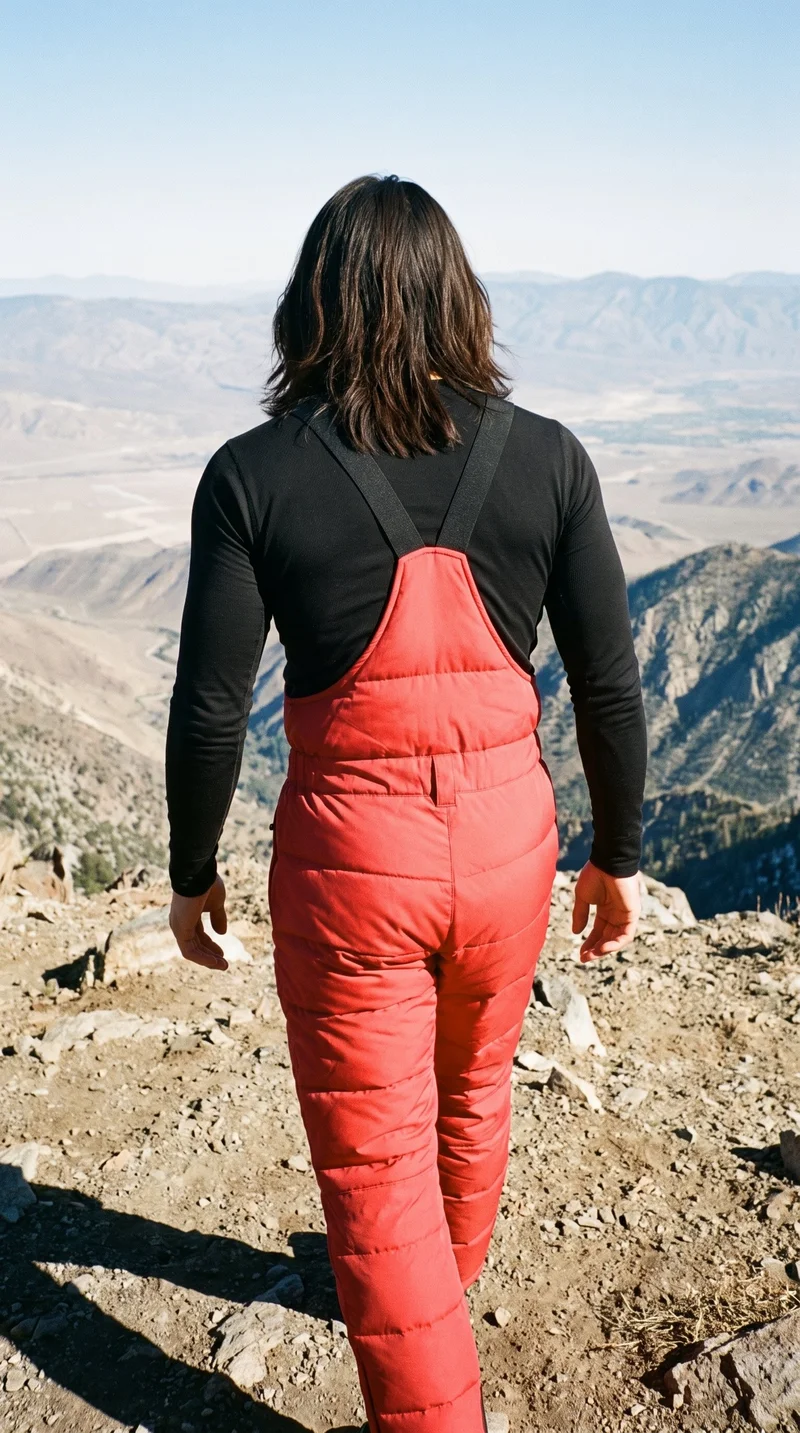 A 27-year-old Korean man wearing red padded salopettes is shown from behind in a three-quarter-length frame while walking. A mountain overlook forms the backdrop.