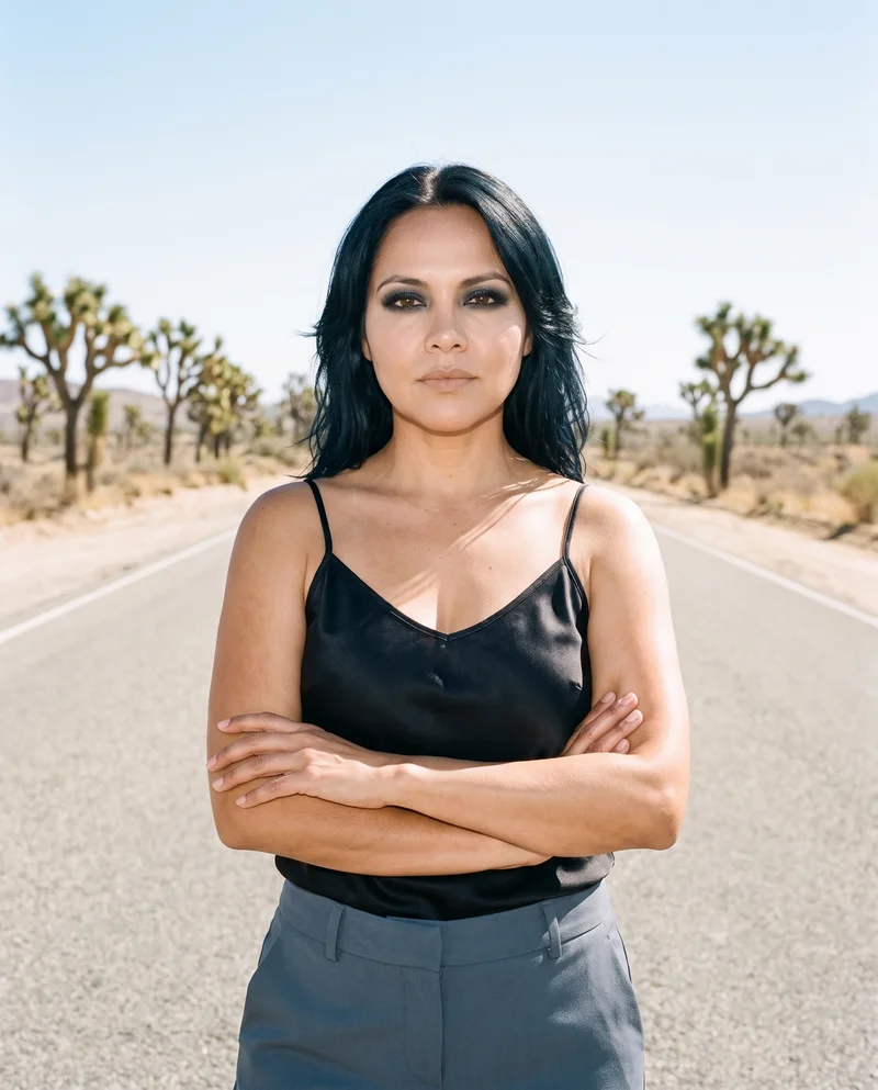 A 47-year-old Hispanic woman wears a black satin camisole in a front-facing upper-body composition. Her forearms are folded, and she has a natural facial expression against a Joshua Tree desert highway backdrop.