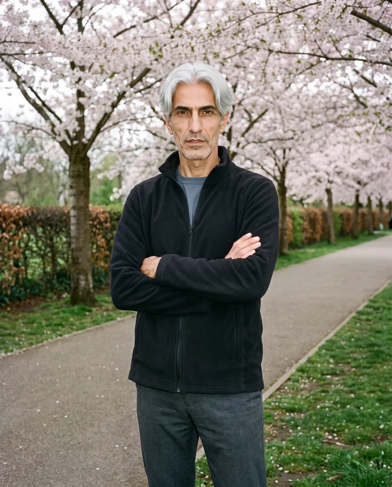 A 58-year-old Arab man wears a black fleece jacket in a three-quarter-length frame, shown from a front three-quarter angle with his arms in a self-hug pose and a natural expression. A Cherry Blossom Park backdrop is visible behind him.