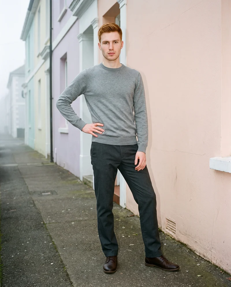 Men's Grey Crewneck Pullover Jumper, Environmental at Three-quarter, Flash Editorial lighting