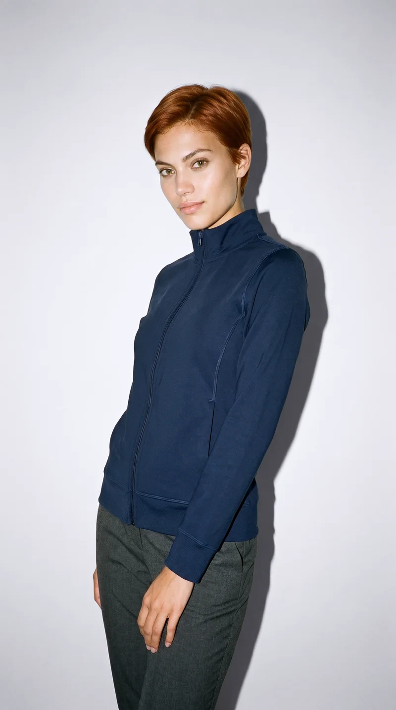 Women's Navy Tracksuit Top, Three-quarter length at Front, Flash Editorial lighting
