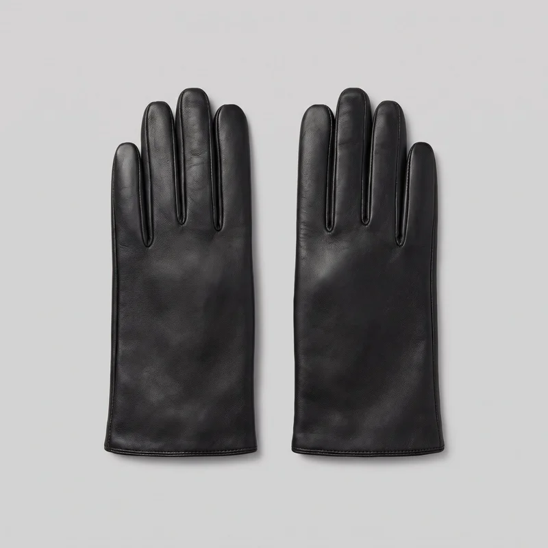 A pair of black leather gloves lies flat with the back-of-hand side facing upward. The full-finger gloves have five rounded fingertips, narrow raised piping around each finger channel, vertical inset seams from the finger bases, subtle outer-side edge piping, and elongated cuffs with straight, squared openings and stitched borders.