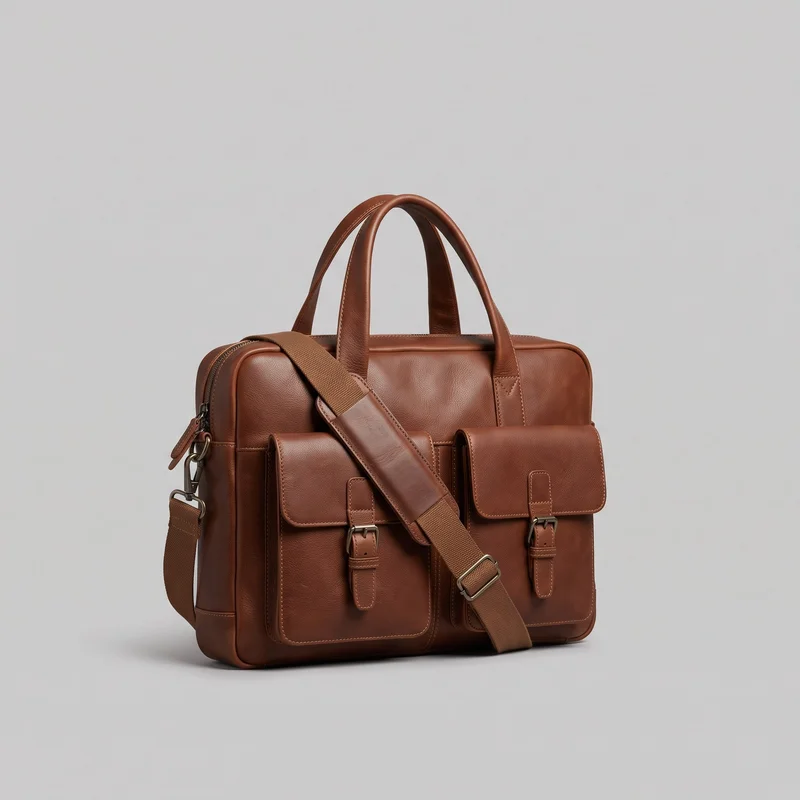 Brown structured rectangular messenger bag shown alone from the front at a slight angle. It has rounded corners, a flat base, padded edge piping, two upright rolled top handles, and a detachable adjustable shoulder strap crossing the front with a padded shoulder panel, swivel clips, and a rectangular slider. The zippered top, zipper pull, two front flap cargo pockets with buckle-style fasteners, central seam, and visible exterior stitching are shown.