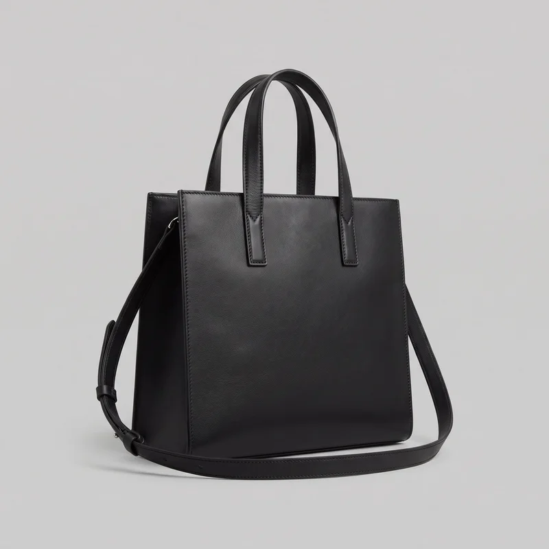 A structured black leather tote bag is shown in a standalone three-quarter view. It has a boxy rectangular body, flat front panel, straight top edge, upright side gussets, flat base, and two arched top handles attached with vertical tabs. A long shoulder strap wraps across the front, with visible metal ring and buckle hardware. Raised edge binding and stitching outline the panels, seams, base, handles, tabs, and strap.