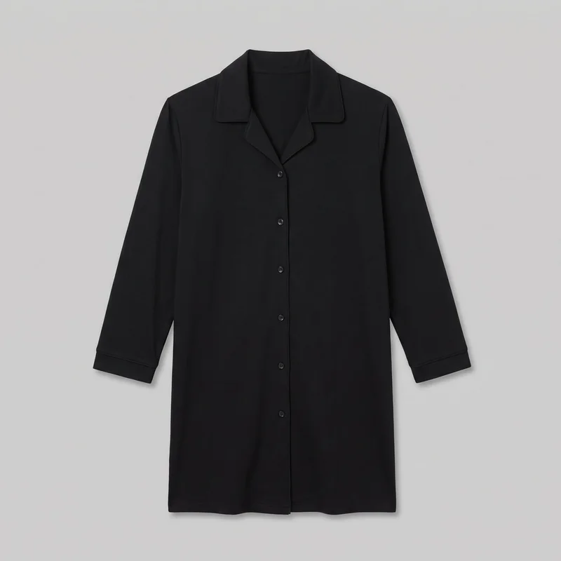 A black long-sleeve sleep shirt is shown in a complete front view, laid flat or ghost-displayed. It has a relaxed straight silhouette, a notched camp collar with an open V-shaped neckline, a full button-front placket, cuffed sleeves, and a longline length with a straight lower hem. Shoulder seams, collar-edge stitching, cuff stitching, and hem stitching are visible; no pockets, logos, prints, embroidery, or embellishments are shown.