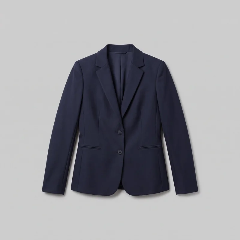 Women's navy wool blazer shown in a mostly complete front view without a visible body form. It has a tailored fit, structured shoulders, long set-in sleeves, notched lapels, an open V front with two visible buttons, vertical shaping seams, and two low horizontal welt pockets.
