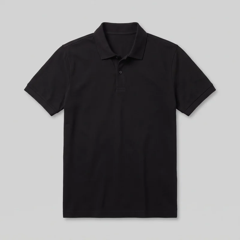 A men's black short-sleeve polo shirt is shown laid flat in a complete front view. It has a flat point collar, a short partial button placket with two visible buttons, set-in shoulders, straight short sleeves, side seams, subtle allover knit texture, and a straight full-length hem. No pockets, logos, prints, patches, embroidery, or embellishments are visible.
