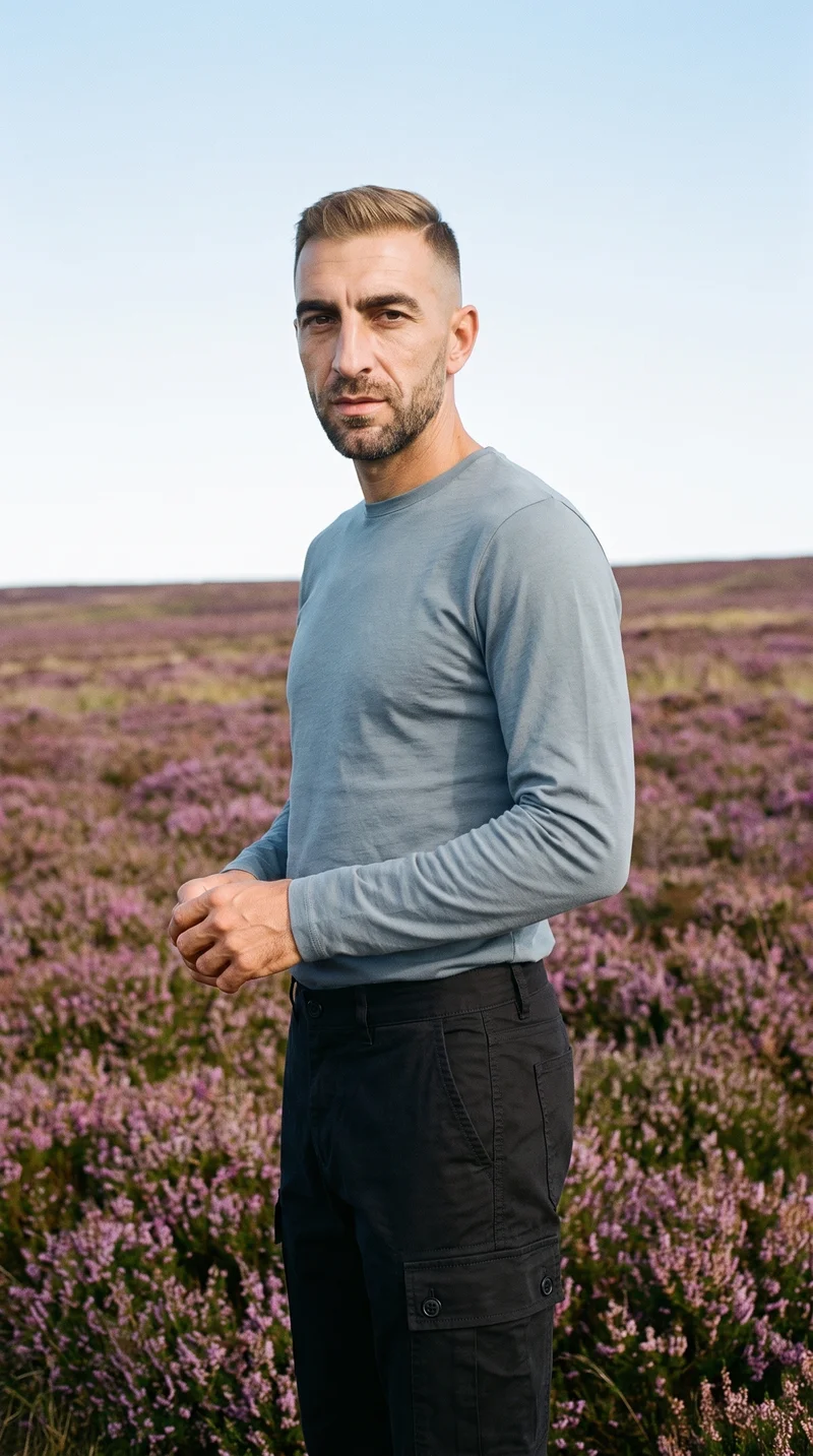 A 51-year-old Caucasian man wears black cargo pants in a three-quarter-length view from the front three-quarter angle, with his hands positioned in front and a serious expression. A Scottish Highlands moor serves as the backdrop.
