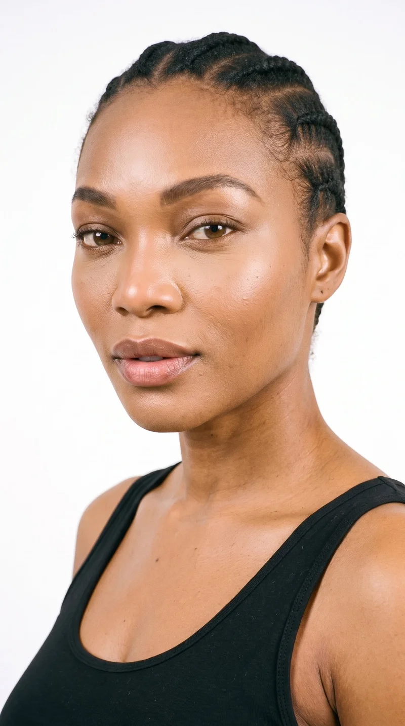 A 36-year-old African woman with medium-brown caramel skin and a warm red-copper undertone. Her heart-shaped face has a wider forehead that narrows to a more pointed chin. She has thick eyebrows, hazel eyes with green-gold flecks, and full lips. Her deep black hair is styled in continuous cornrows worn flat against the scalp.