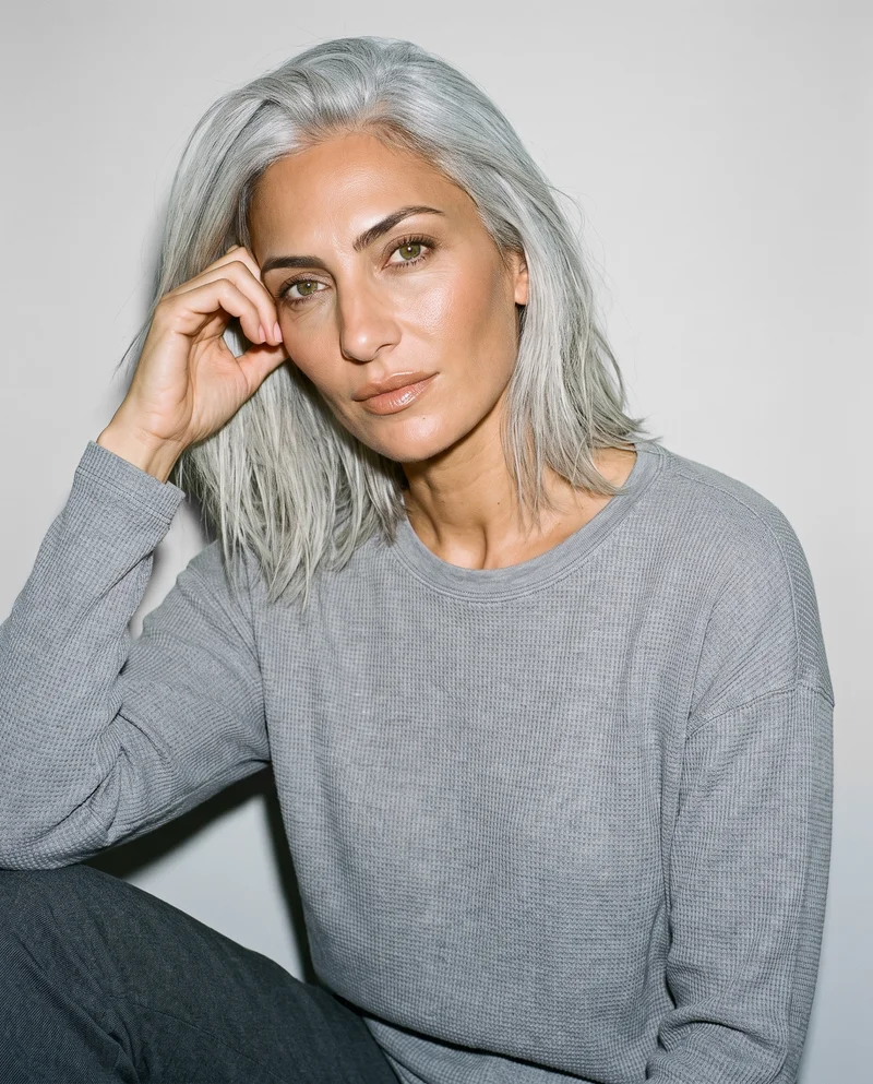 Women's Grey Waffle-Knit Long-Sleeve Tee, Upper body at Three-quarter, Clean Catalog lighting