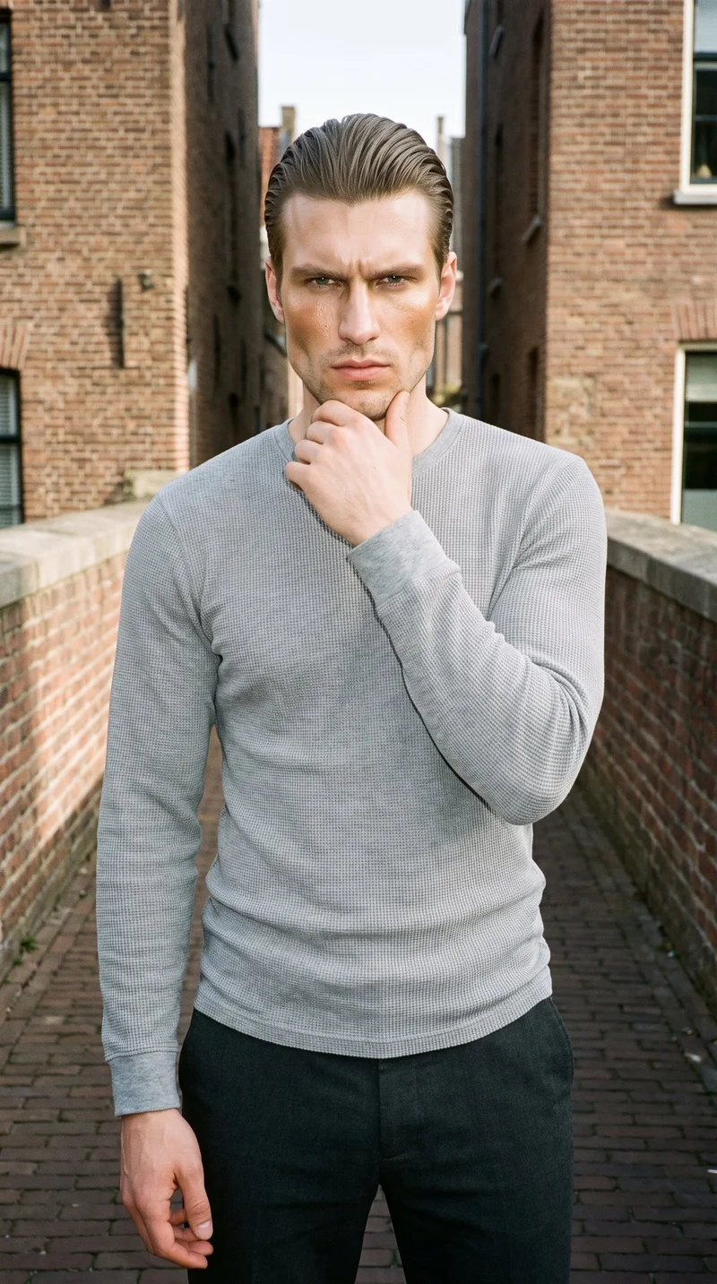 A 27-year-old Slavic man wears a grey waffle-knit long-sleeve tee in an upper-body front view. His wrist is held at his jaw, and he has a serious expression. A bridge-framed urban view forms the backdrop.