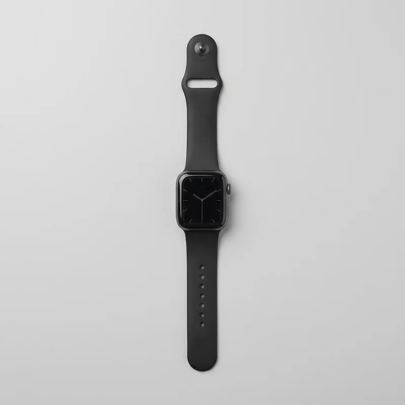 A men's sport-band smartwatch is shown flat from above with its rounded-square case and smooth strap extending vertically from both ends. The watch has a raised rounded bezel, glossy dial, slim analog hour markers and hands, and a side crown on the right edge. One strap end has a rounded tip with a vertical row of adjustment holes, while the opposite end has a circular fastening pin and an elongated slot for tucking the strap closed. No logos, prints, patches, embroidery, or embellishments are visible.