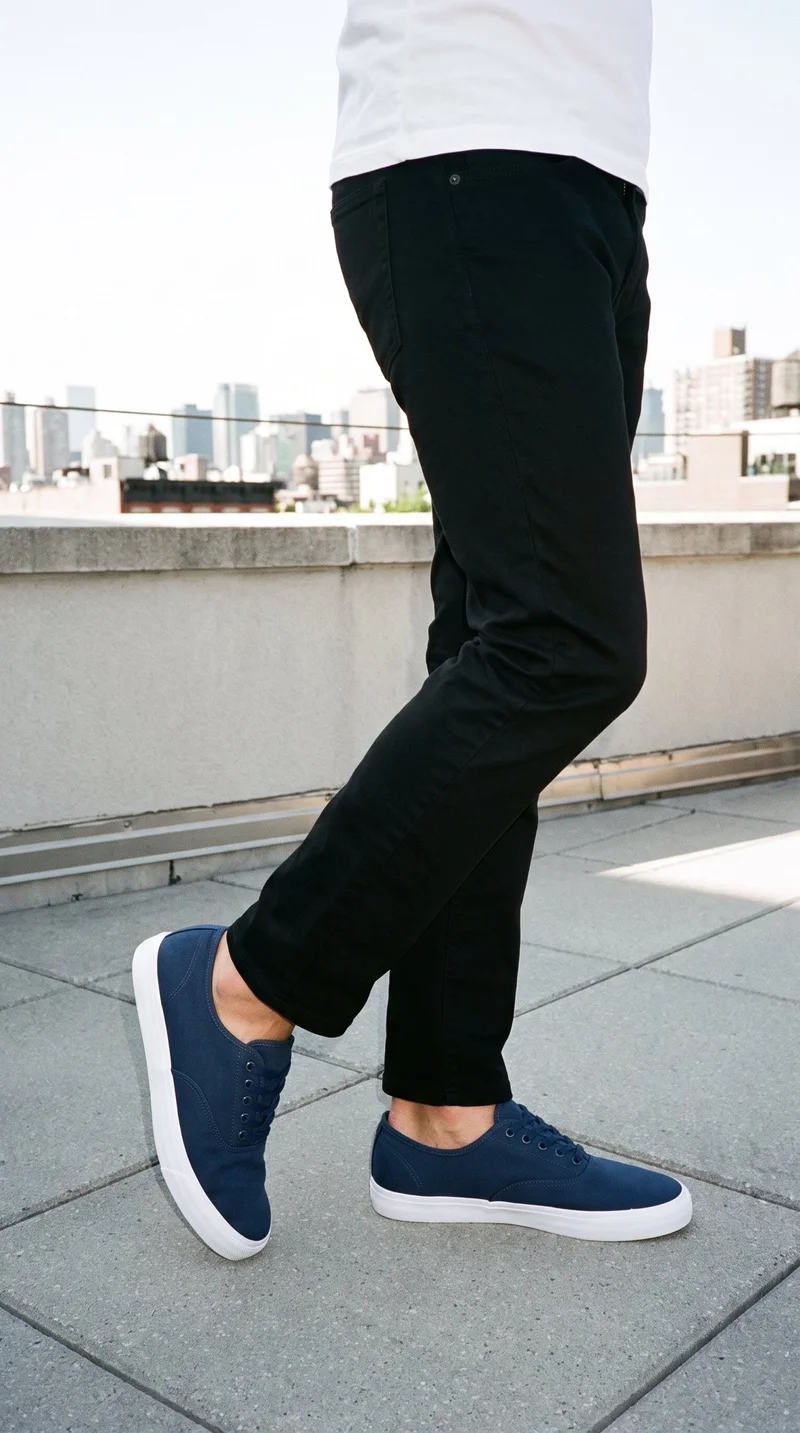 Men's navy canvas sneakers shown from an angled front view on a lower-body crop, with one heel lifted. A rooftop cityscape serves as the backdrop.