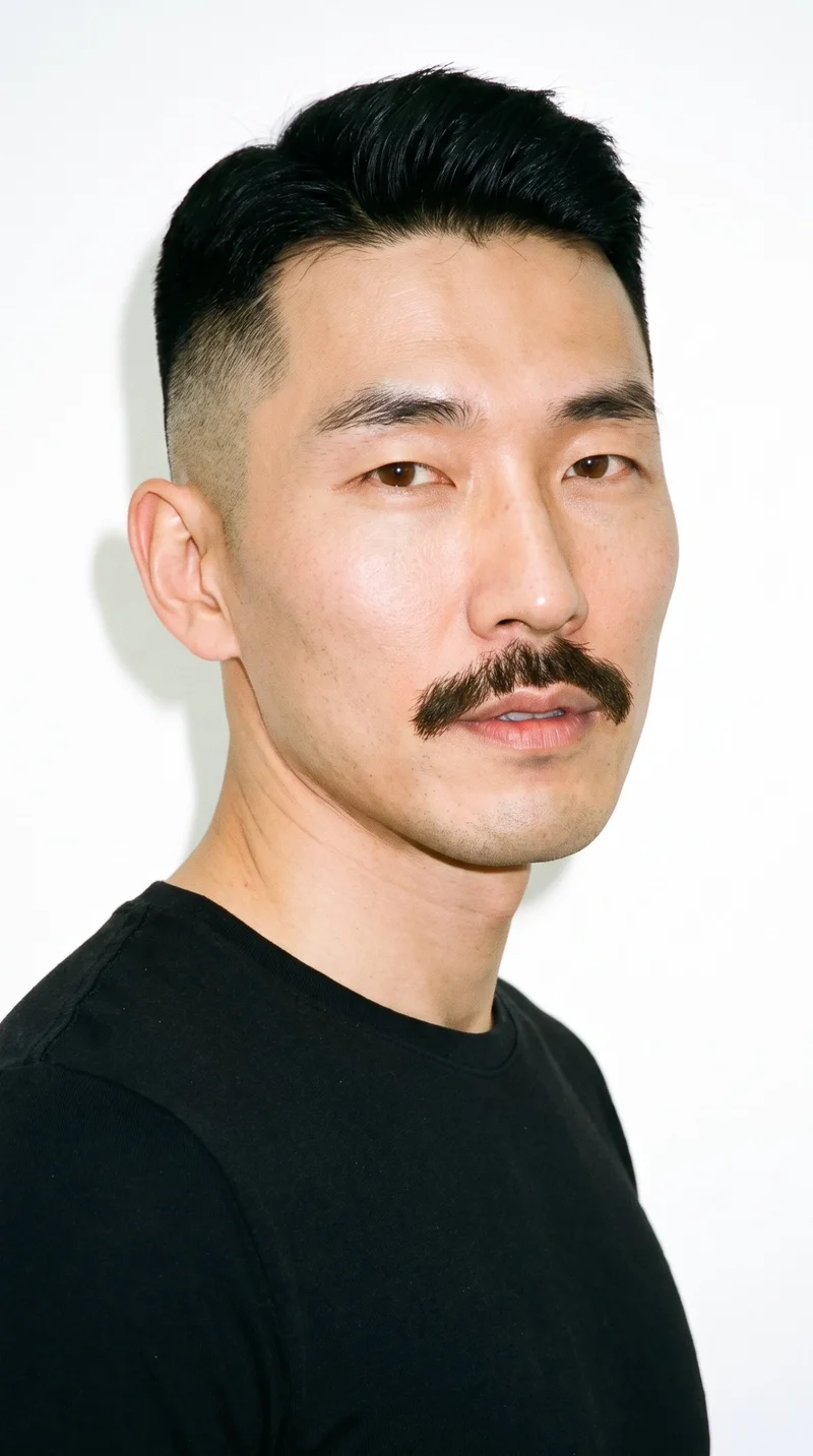 A 46-year-old Korean man with fair skin and a cool undertone has a square face defined by a broad forehead and strong, angular jaw. He has medium-thickness eyebrows, brown eyes, and thin lips beneath a full, thick chevron mustache angled downward at the sides. His black hair is longer on top and tapers to very short sides, blending down to the skin.