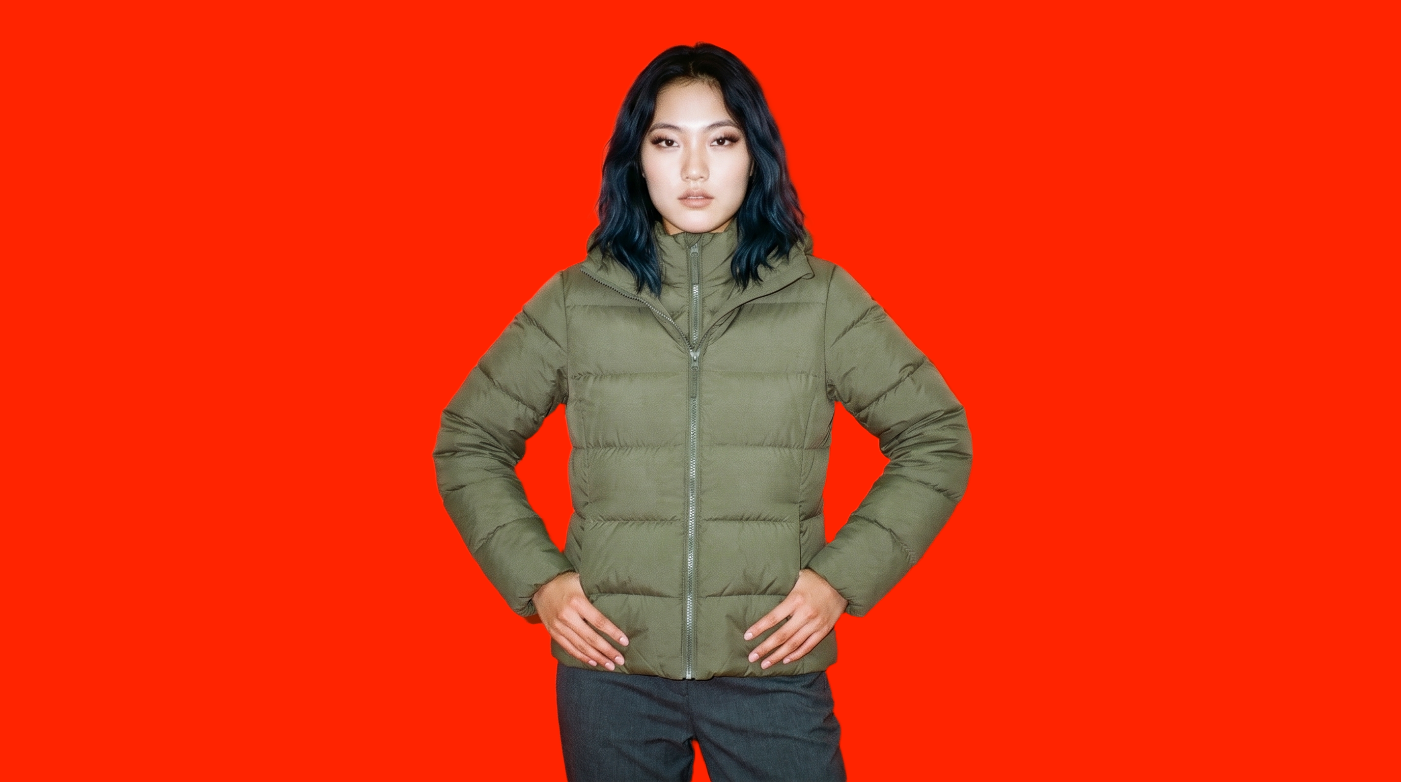 A 24-year-old Chinese woman models a women's olive down jacket in a front-facing, three-quarter-length view. Her hands rest on her waist and she has a serious expression. A flat scarlet backdrop fills the studio-cutout composition.