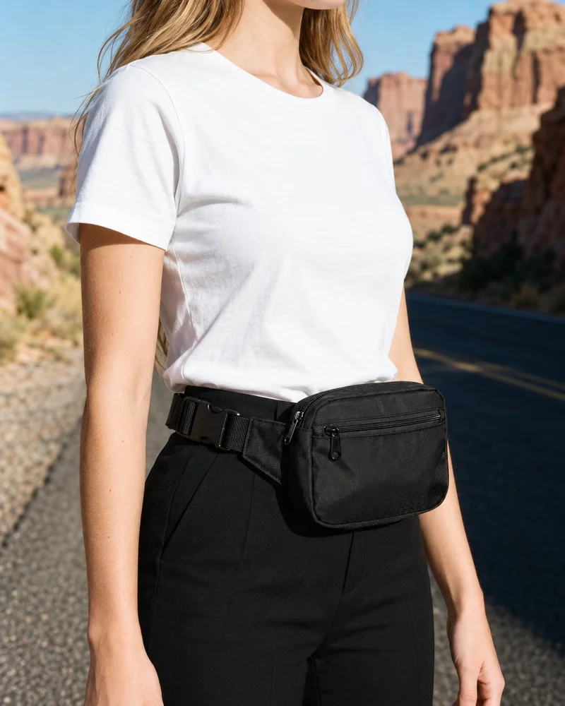 A female model is shown from the torso in an angled front view wearing a women's nylon bum bag. Her arms are relaxed, with a Monument Valley Road backdrop.