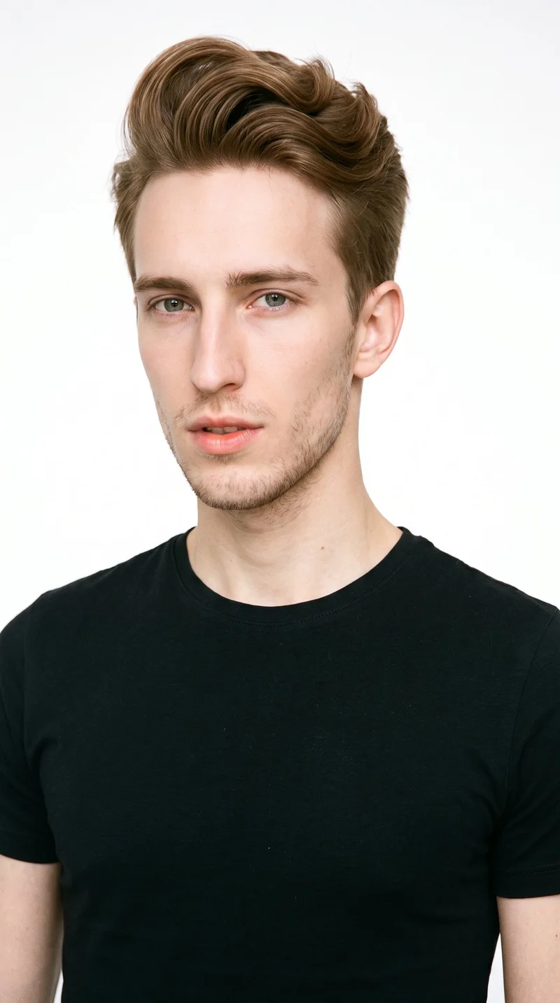 A 20-year-old Caucasian man with medium skin and a cool undertone has a long face, defined by a tall forehead and elongated cheeks. His eyebrows are thin, and his medium lips complement his blue eyes with a cool undertone. His light-brown hair is styled in a quiff, swept up and back at the front with shorter sides. Fine, closely trimmed stubble lightly covers the beard area.