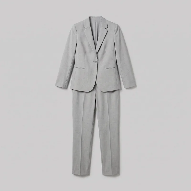 A light grey women's two-piece pantsuit is shown in a mostly complete front view, with the matching blazer and full-length straight-leg trousers laid flat or hung together. The blazer has structured shoulders, long sleeves, notched lapels, an open V-shaped neckline, a single visible button, vertical shaping seams, a slightly curved hem, and two lower welt pockets. The trousers have pressed center creases and plain straight hems. A subtle crosshatch texture covers the fabric.