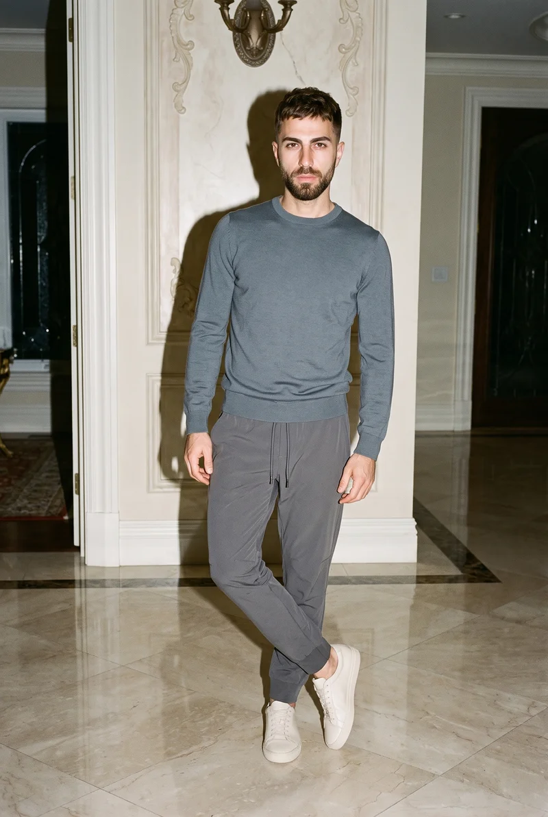 Men's Charcoal Tech Joggers, Full body at Front, Flash Editorial lighting