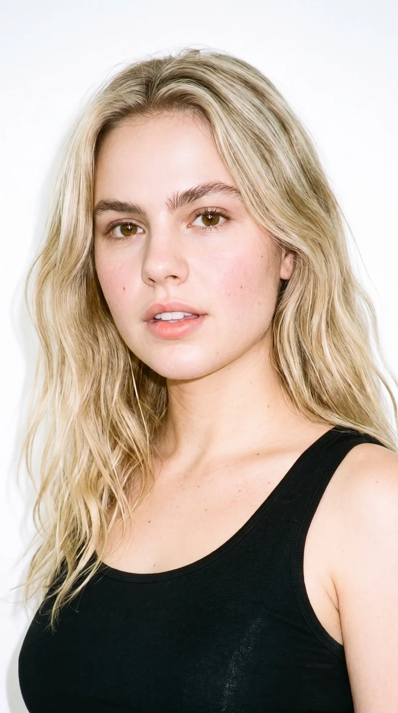 A 23-year-old Caucasian woman with pale skin and a neutral undertone. Her face is round, with soft, full contours, gentle curves, and few angles. She has thick eyebrows, brown eyes, and full lips. Her blonde hair is styled in loose, slightly tousled waves with natural volume.