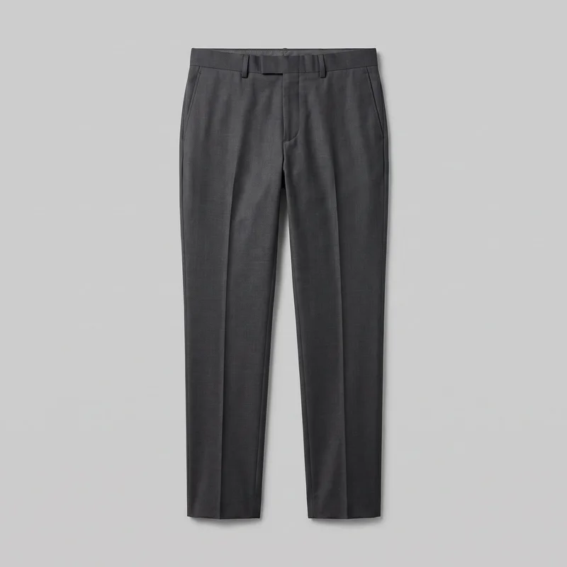 Men's charcoal tailored suit trousers shown in a standalone front view against a plain backdrop. The full-length trousers have a structured waistband with belt loops, a concealed fly with an extended waistband tab, angled side pockets, straight-tapered legs, vertical pressed creases, side seams, and clean straight hems.