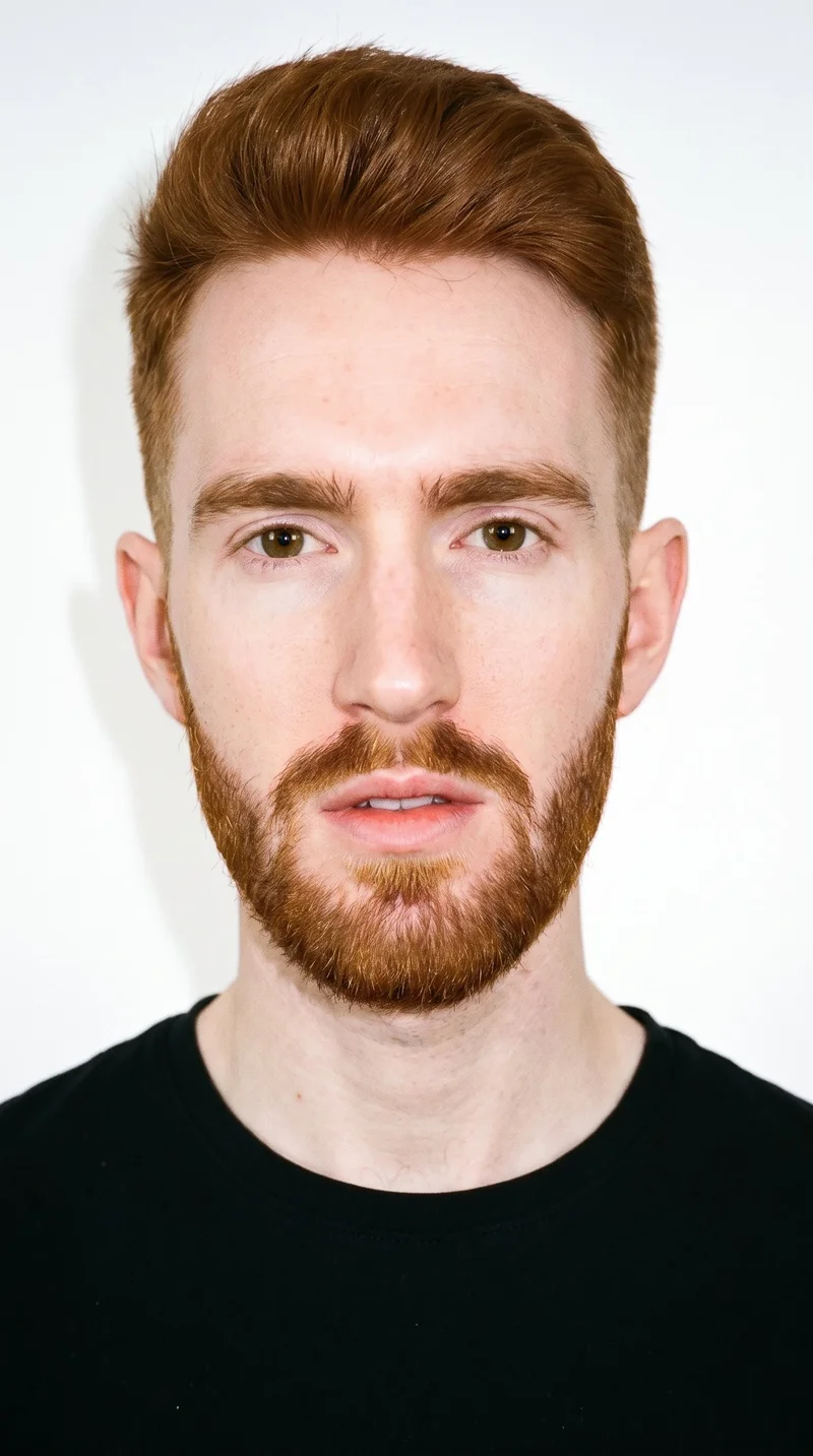 This 22-year-old Caucasian man has fair skin with a warm golden undertone. His Roman face shape features strong classical structure, a prominent nose line, and a defined jaw. He has thick eyebrows, brown eyes, and thin lips. His vivid red hair is styled in a two-block cut, with short sides and back contrasted by a longer, fuller top. He has a short, full beard trimmed evenly with clean cheek and neckline edges.