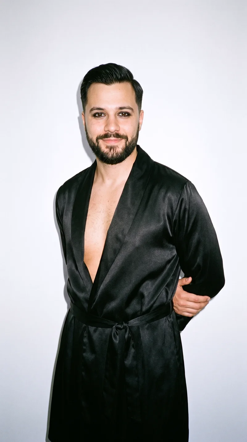 Men's Black Satin Robe, Three-quarter length at Front, Clean Catalog lighting