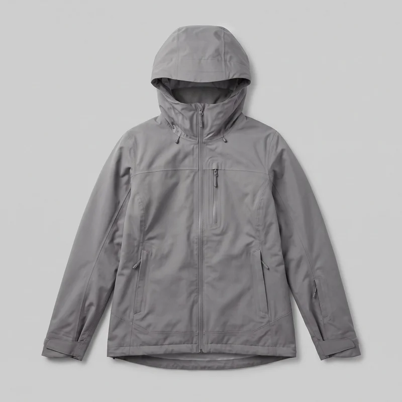 A grey women's shell ski jacket is shown laid flat in a standalone front view. It has an attached hood with a structured brim and drawcords at the neckline, a high neck, full-length center-front zipper, long sleeves, a vertical zip chest pocket, and two lower zip pockets set into angled panel seams. The jacket has a straight silhouette, full-length body, articulated sleeve panels, adjustable cuff tabs, and a slightly dropped curved back hem.
