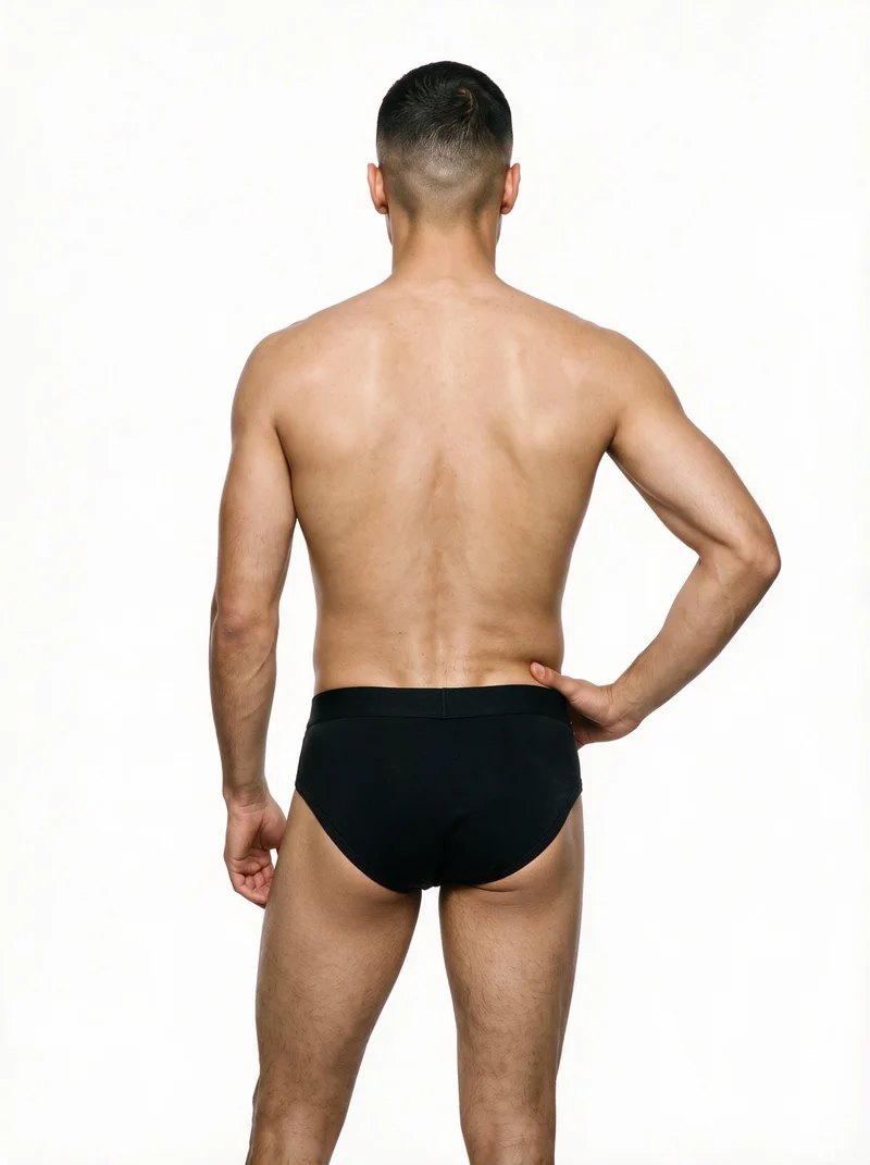 Men's Black Briefs, Three-quarter length at Rear, Studio Cutout lighting