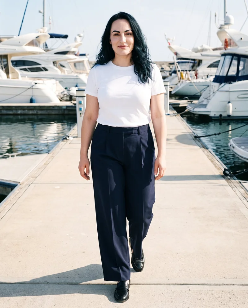 A 37-year-old Slavic woman is shown full body from the front, smiling as she walks while wearing navy tailored wide-leg trousers. The Marina Yacht Harbor Golden location appears as the backdrop.