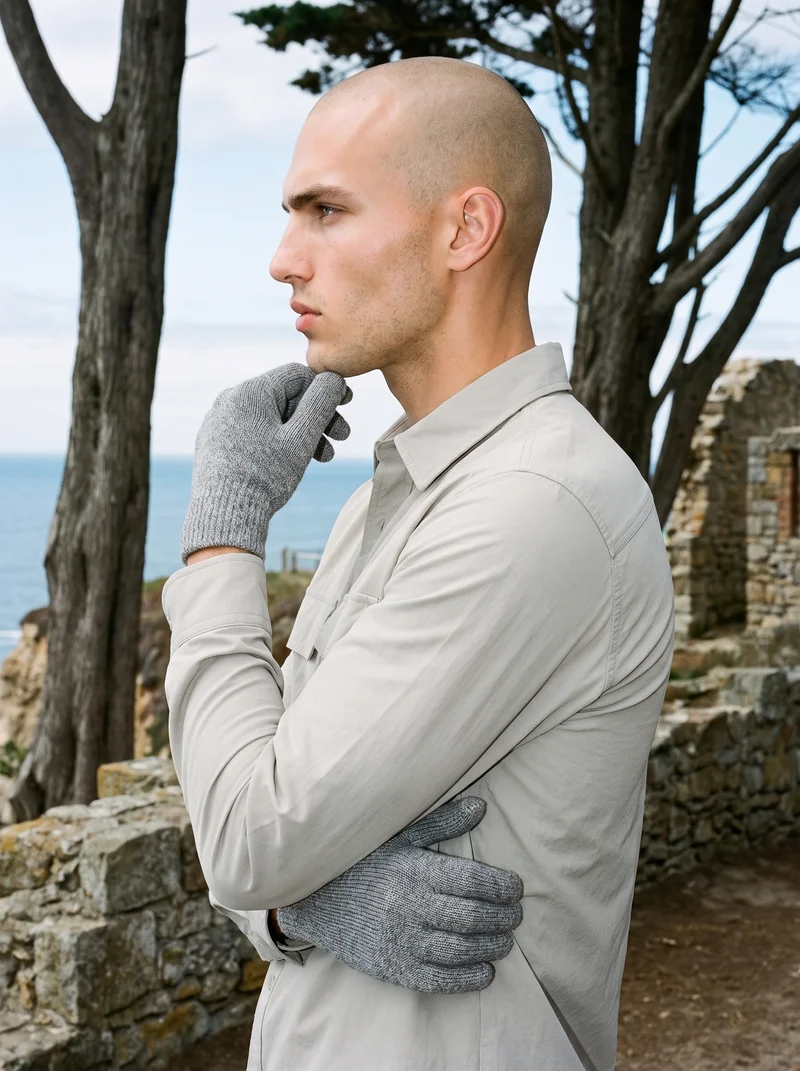 Men's Grey Knit Gloves, Upper body at Side, Clean Catalog lighting