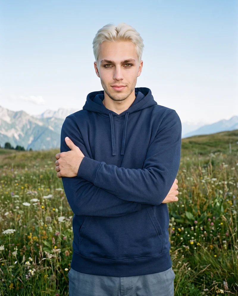 An 18-year-old Caucasian man is shown from the front in an upper-body view, wearing a navy cotton pullover hoodie. He poses with his arms crossed in a self hug and a confident expression against a wildflower mountain meadow backdrop.