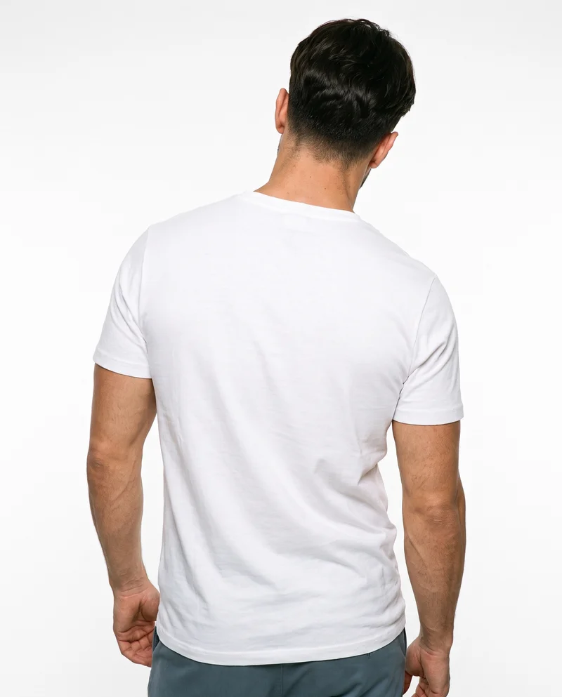 Men's White Crew-Neck T-shirt, Upper body at Back, Clean Catalog lighting