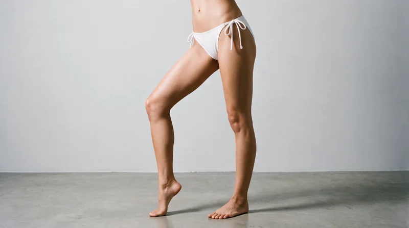 A white halter bikini is shown on a model in an angled front view, framed from the lower body with one heel lifted. The pearl grey studio-wall backdrop provides a neutral background.