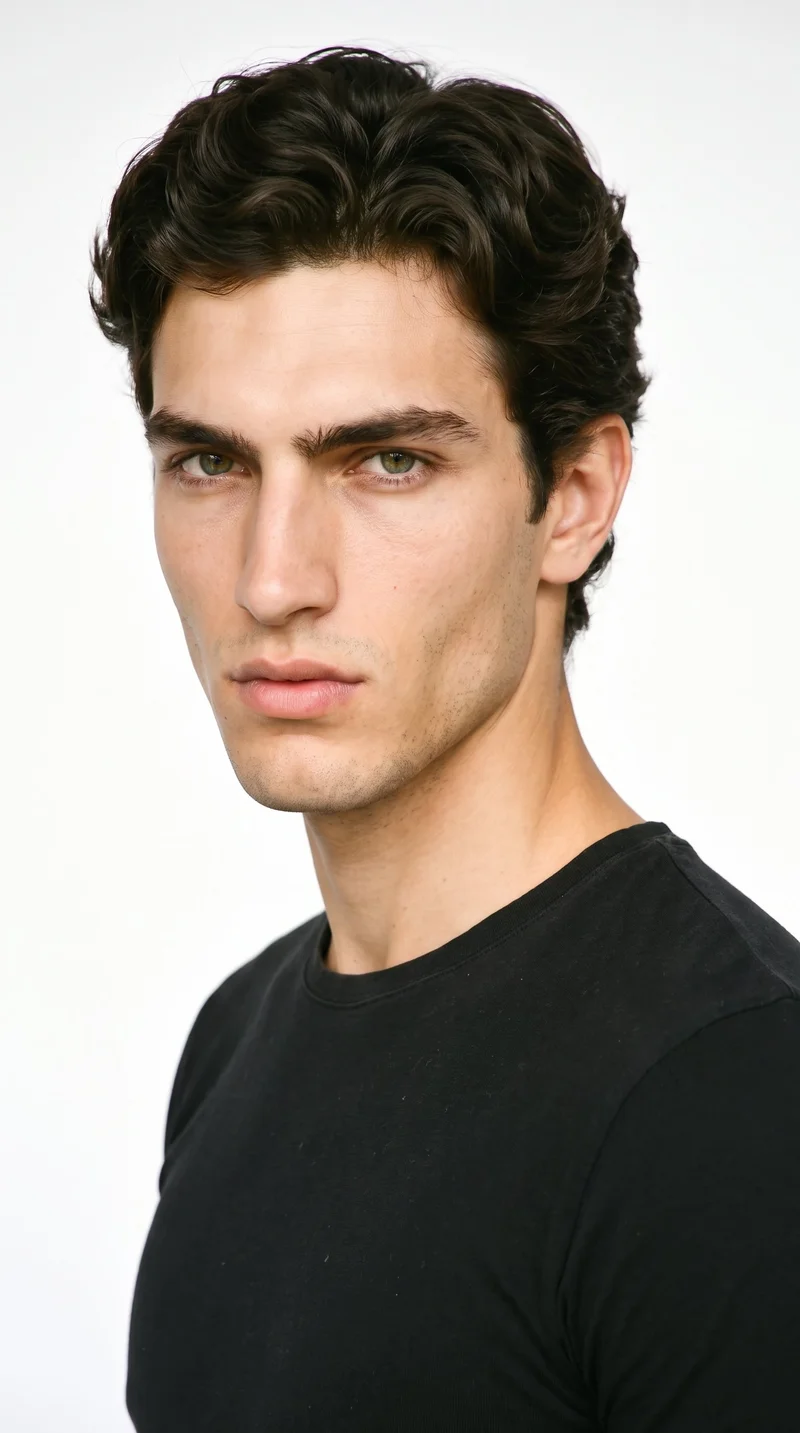 This 21-year-old Caucasian man has a medium olive skin tone with a warm, greenish-golden undertone. His face is sharp and angular, with a defined jaw and pronounced cheekbones. He has thick eyebrows, green eyes, and full lips. His dark-brown hair falls in soft waves with gentle movement, and he is clean-shaven with smooth skin across his face.