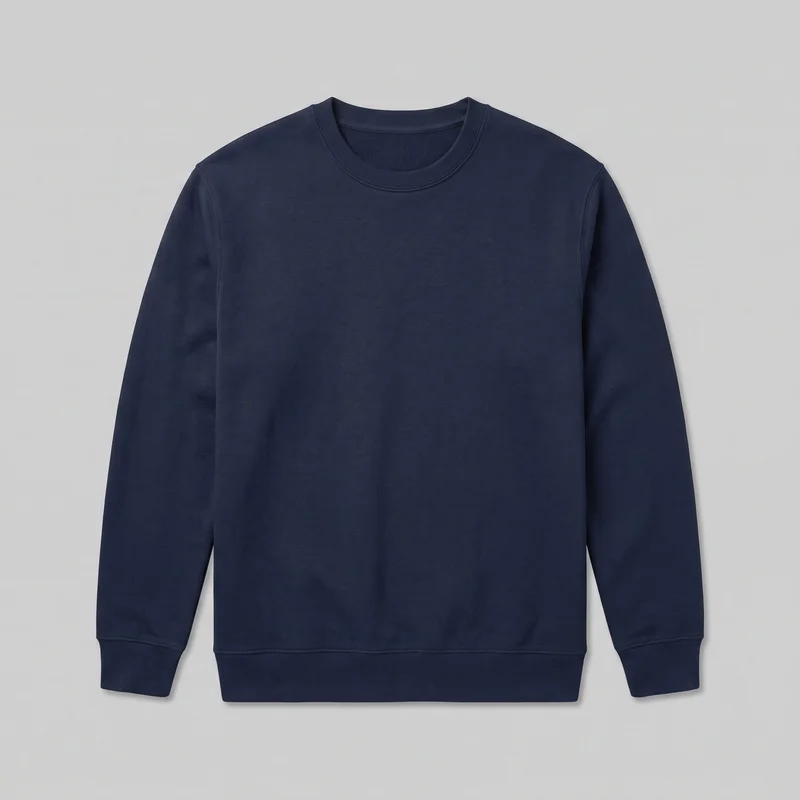 A men's navy cotton crewneck sweatshirt is shown centered in a standalone front view. It has a straight full-length silhouette, long set-in sleeves, a rounded ribbed neckline, ribbed cuffs, and a ribbed bottom hem, with visible shoulder and armhole seams and no visible closures, pockets, logos, prints, patches, embroidery, or other embellishments.