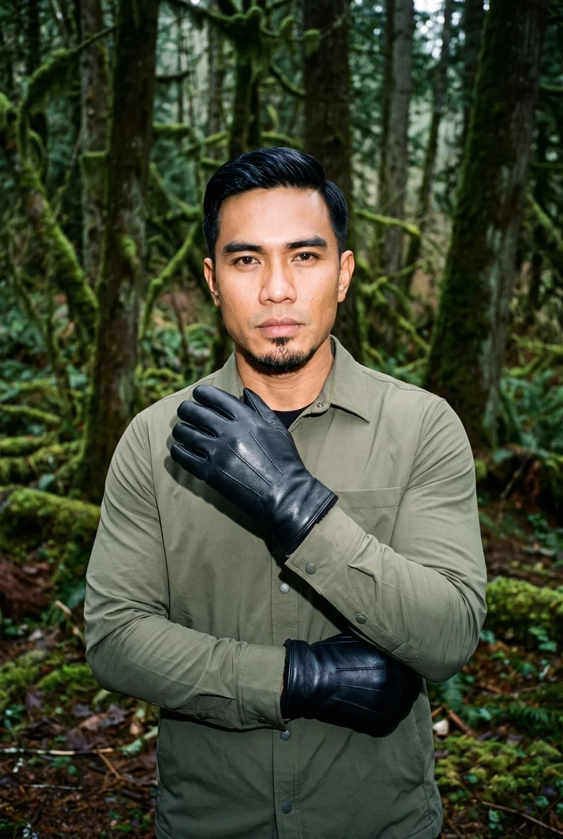 Men's Black Fleece-Lined Leather Gloves, Upper body at Front, Flash Editorial lighting