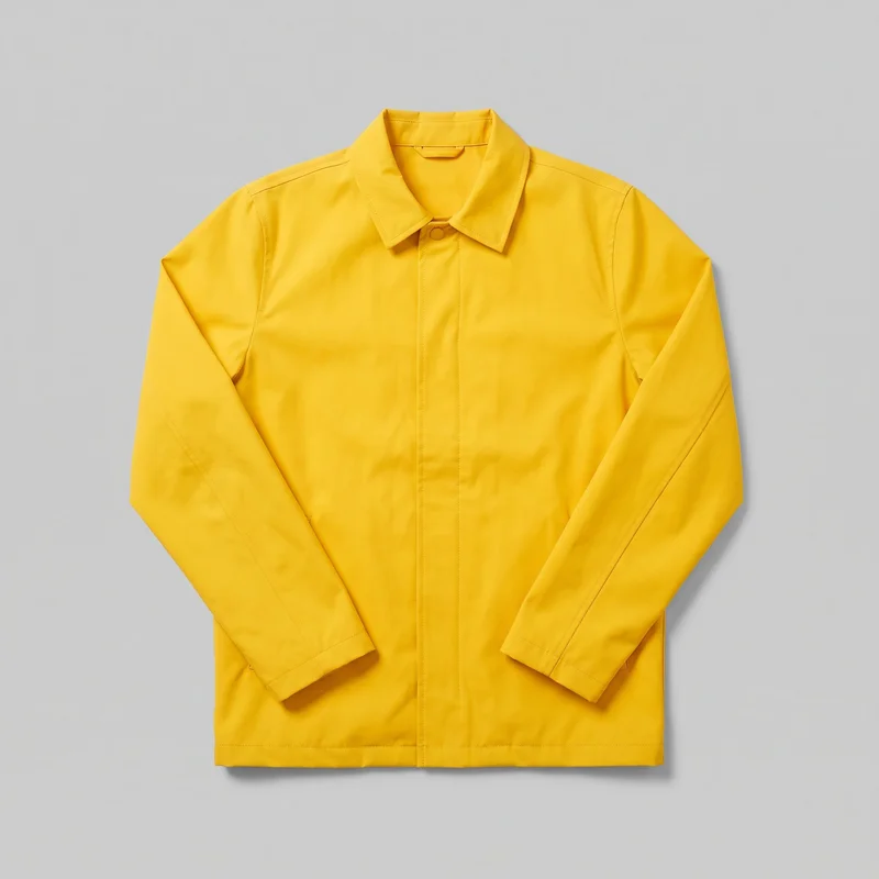 A standalone front view of a men's yellow rain mac laid flat. The collared long-sleeve overshirt or light jacket has a regular straight silhouette, set-in shoulders, a pointed collar, a mostly concealed full-length center-front placket with one exposed round snap or button below the collar, straight sleeves with simple cuff bands, and a straight hem. Visible topstitching outlines the collar, shoulder seams, placket edges, sleeve seams, cuffs, and bottom hem; no pockets, logos, prints, patches, embroidery, or embellishments are visible.
