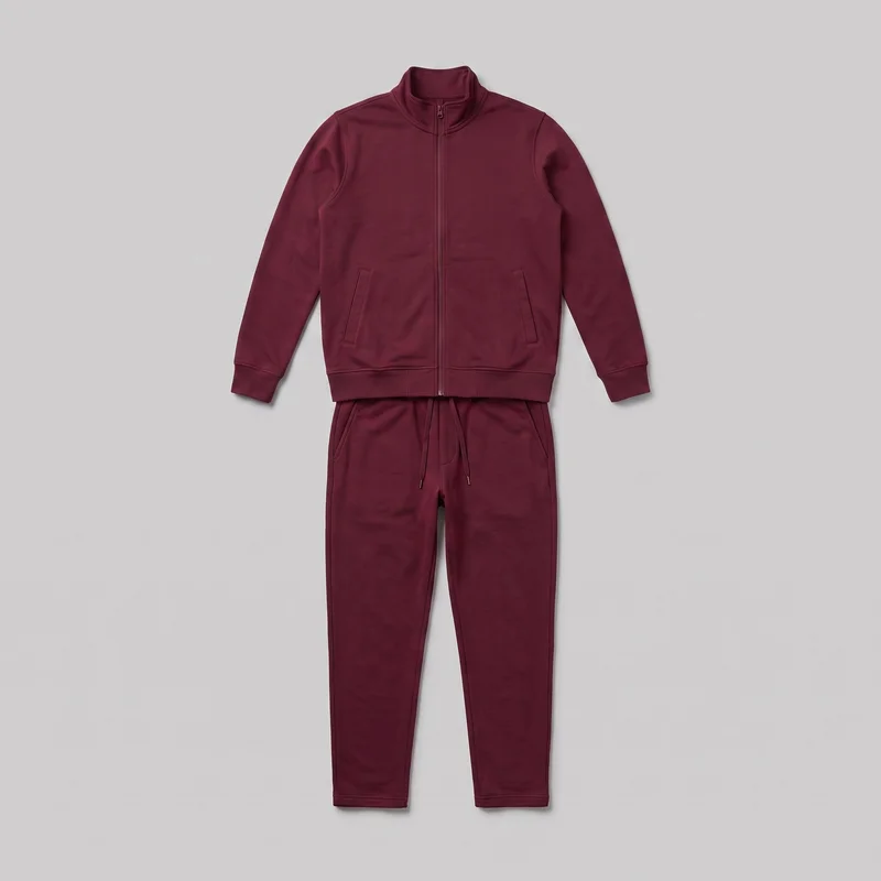 A complete burgundy two-piece men's tracksuit is arranged in a front-facing flat lay, with the full-zip track jacket positioned above matching jogger-style pants. The jacket has a stand collar, long sleeves, ribbed cuffs and hem, curved front panel seams, and two angled welt pockets. The pants have an elastic drawstring waistband with metal-tipped ends, angled front pockets, a slightly tapered full-length leg, and straight stitched hems. No logos, prints, patches, embroidery, or embellishments are visible.