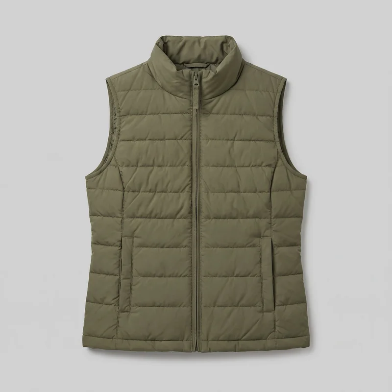 A standalone front view shows a centered olive sleeveless quilted gilet with a straight, hip-length silhouette. It has broad shoulder coverage, deep armholes with bound edges, a high stand collar, and a full-length center zipper extending into the collar. Horizontal quilt channels, vertical front and side panel seams, and two low vertical welt hand pockets are visible.