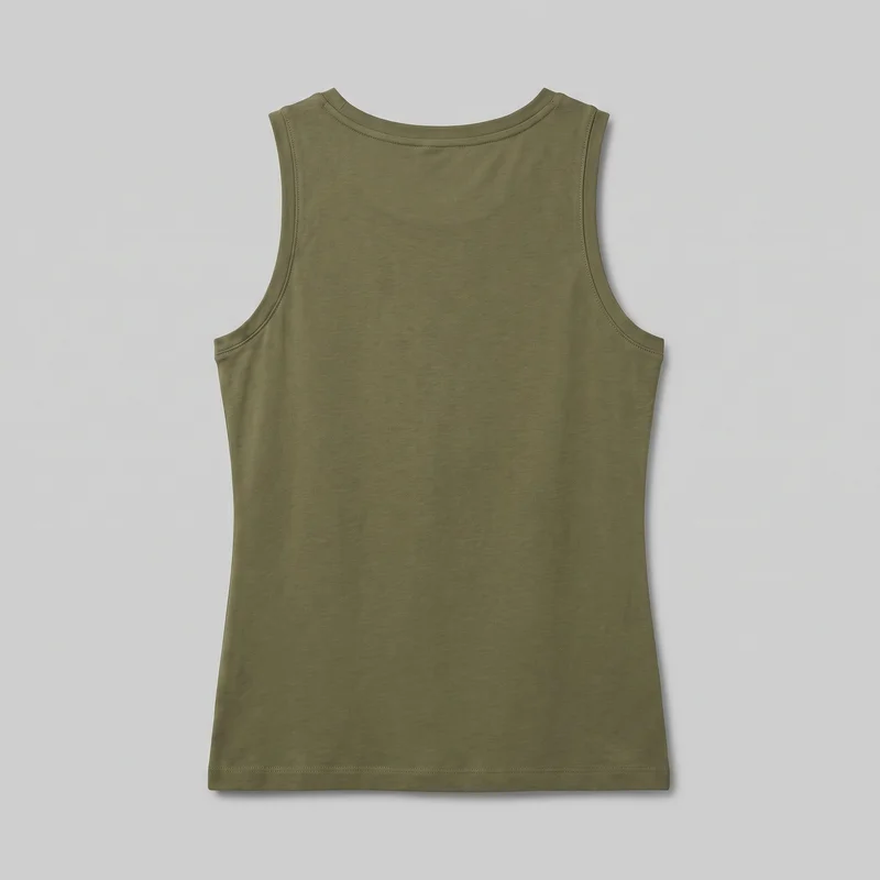 A standalone flat view shows a full-length women's olive cotton tank top with a slim, straight silhouette, high round crew neckline, wide shoulder coverage, and deep curved armholes. Narrow bound edges with visible parallel stitching finish the neckline, armholes, and straight bottom hem; no closures, pockets, logos, prints, embroidery, or embellishments are visible.