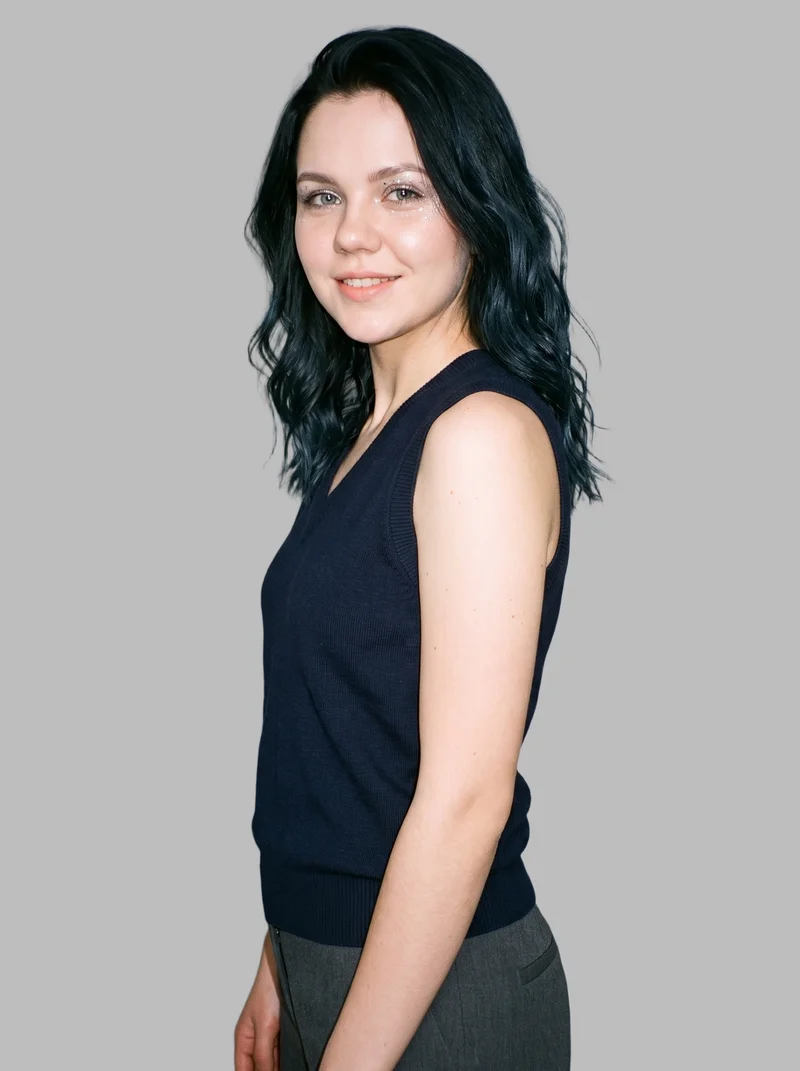 Women's Navy Knit Sweater Vest, Upper body at Three-quarter, Studio Cutout lighting
