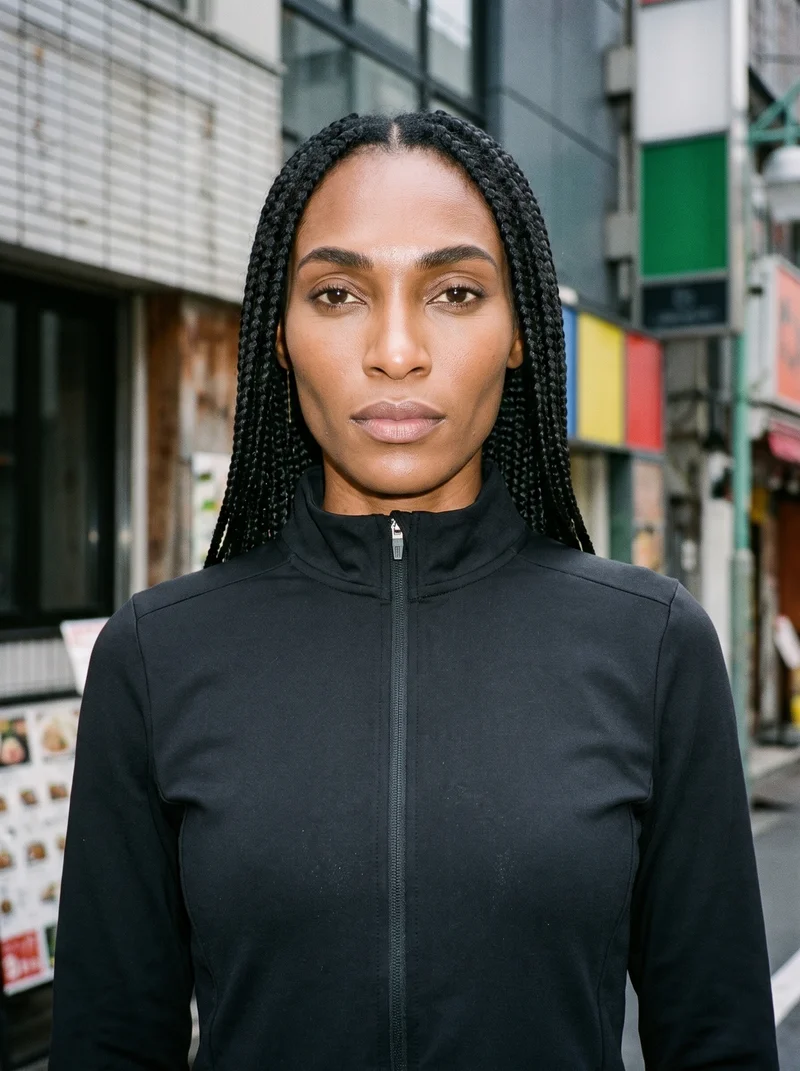 A 36-year-old African woman is shown from the bust up in a front-facing view, wearing a black tracksuit top. Her chin is lowered and her expression is confident, with a Tokyo Crossing backdrop.