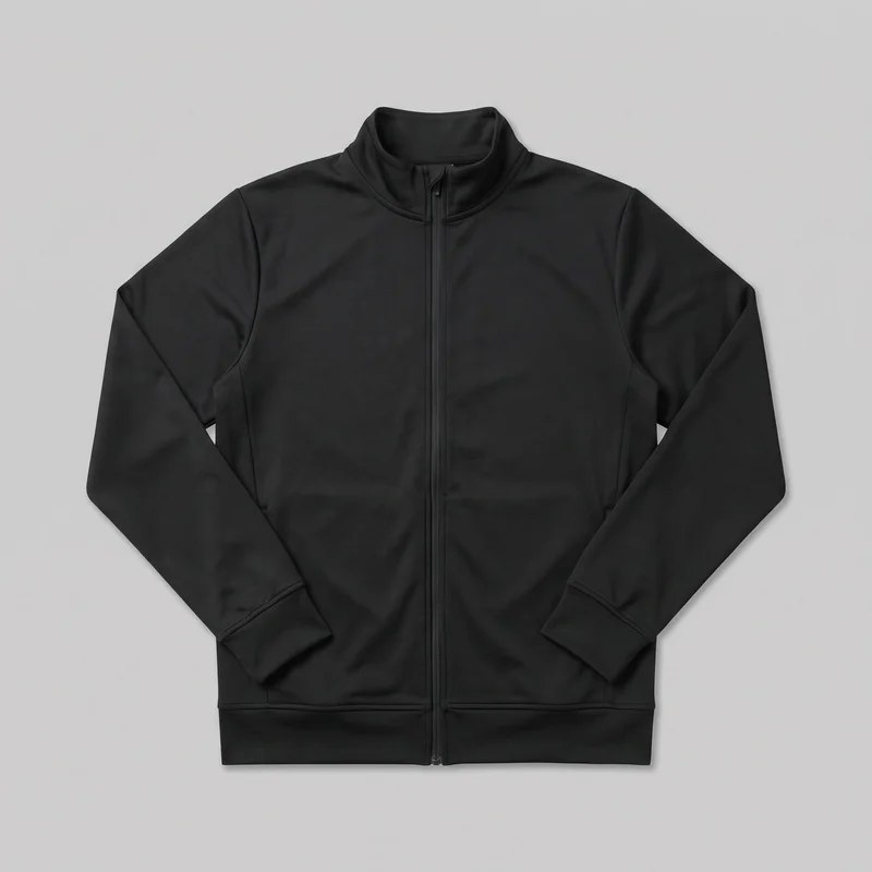 A complete front flat-lay view of a men's black full-zip track jacket. It has a stand collar, long sleeves with banded cuffs, a wide bottom hem band, a centered zipper extending to the collar, curved raglan-style upper sleeve seams, and visible side panel seams.