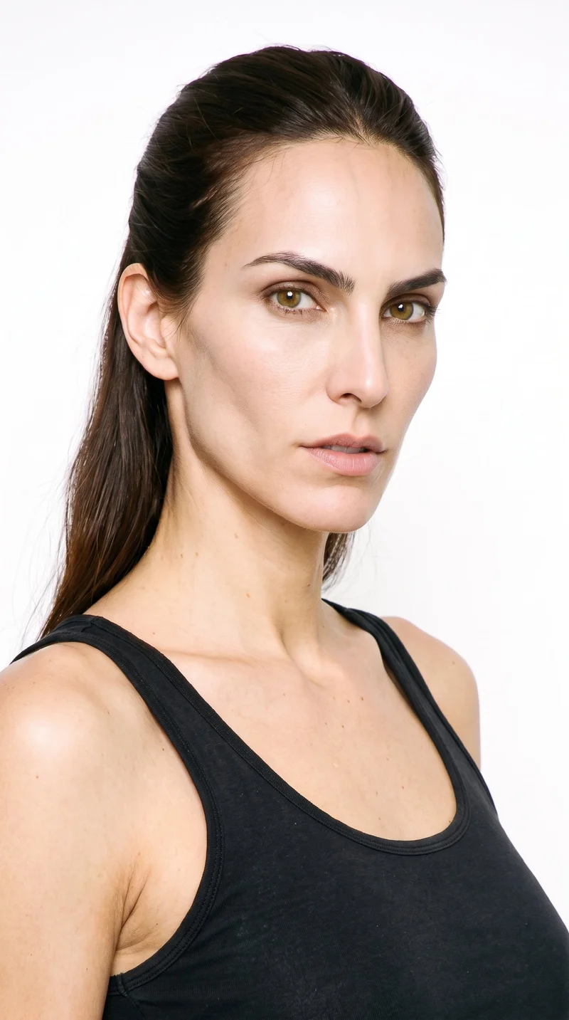 This 32-year-old Hispanic woman has a warm honey skin tone with an olive-green undertone. Her angular face has sharp, defined cheekbones and jaw, with medium-thickness eyebrows, amber eyes, and thin lips. Her dark-brown hair is styled half up and half down, with the upper section pulled back and the lower lengths hanging loose.