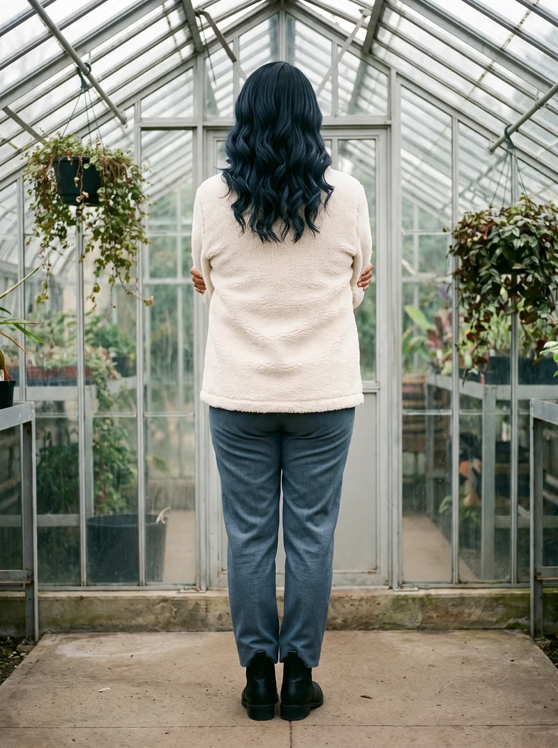 A 58-year-old Indigenous American woman is shown full body from the back wearing a cream sherpa fleece jacket. She poses in a self-hug against a greenhouse conservatory backdrop.