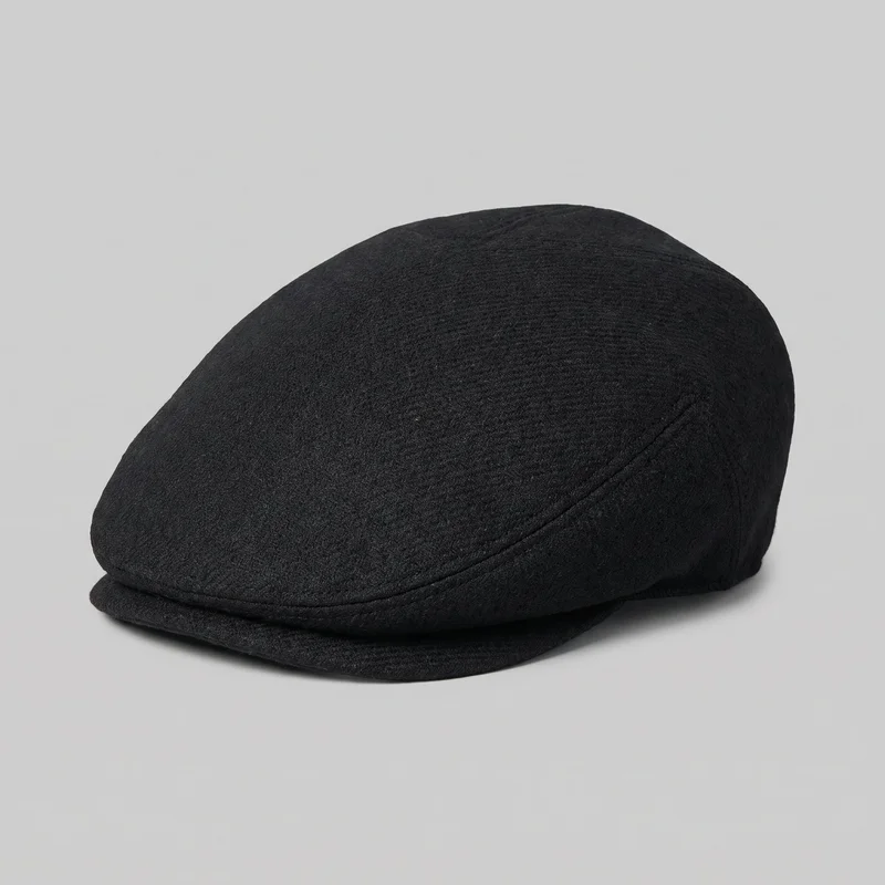 A complete black women's flat cap is shown alone from a front three-quarter angle. It has a low-profile rounded crown, curved panel seams, a raised seam band around the lower side, and a short forward brim tucked beneath the front edge. The cap has a smooth sloping top and subtle all-over tonal texture, with no visible logos, prints, patches, embroidery, or embellishments.