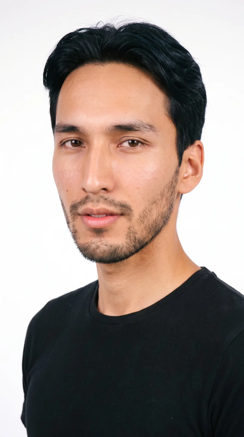 A 20-year-old Indigenous American man with a medium, evenly warm skin tone and a red-copper undertone. His face is long, with more length than width, a tall forehead, and elongated cheeks. He has thick eyebrows, brown eyes, and medium lips. His deep black hair is styled in a taper, gradually shortened at the sides and neckline while retaining length on top. Short, even beard growth forms a clearly visible, closely groomed three-day beard.