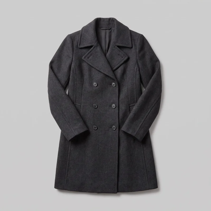 A women's charcoal overcoat is shown laid flat in a standalone front view. It has a longline straight silhouette, structured shoulders, long set-in sleeves, a broad notched collar with wide lapels, six visible buttons in two columns, angled welt pockets, vertical front panel seams, and a straight lower hem.