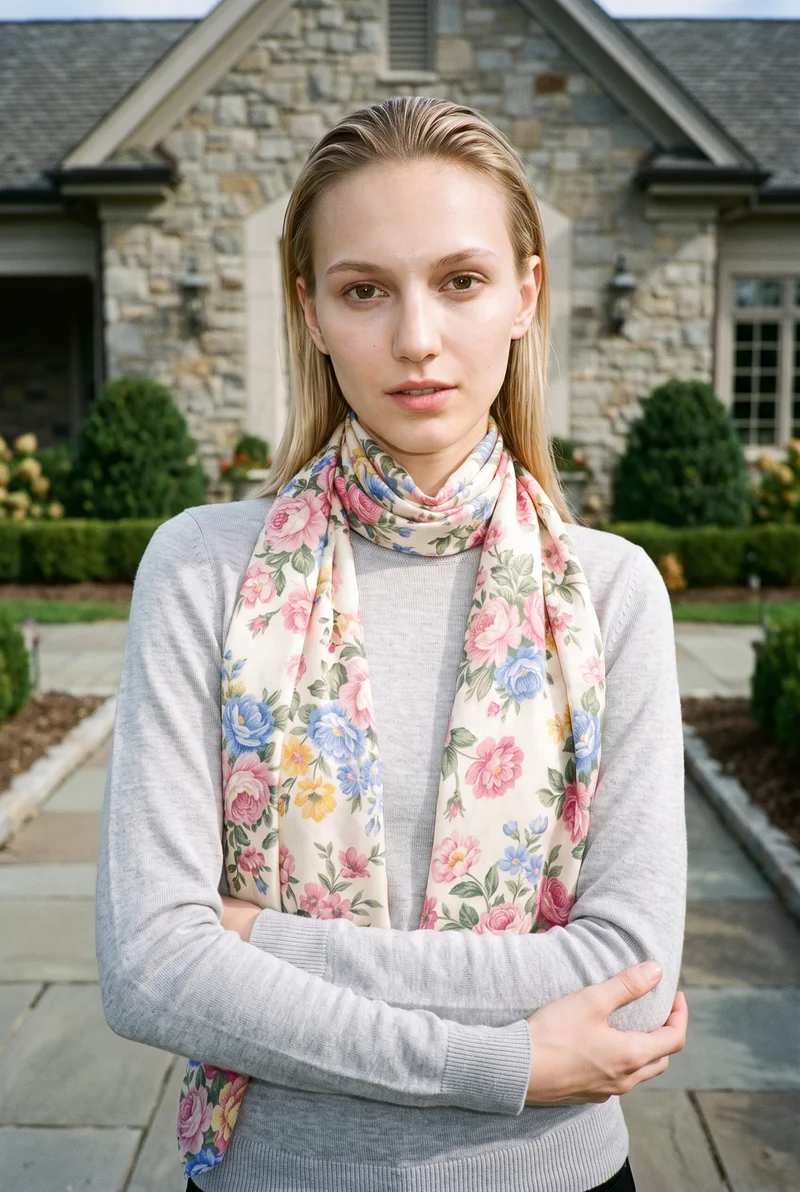 Floral Print Shawl, Upper body at Front, Natural E-Commerce lighting